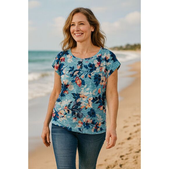 J Jill Love Linen Top L Petite Blue Floral Cap Sleeve Tropicalcore Casual Resort - Picture 1 of 5